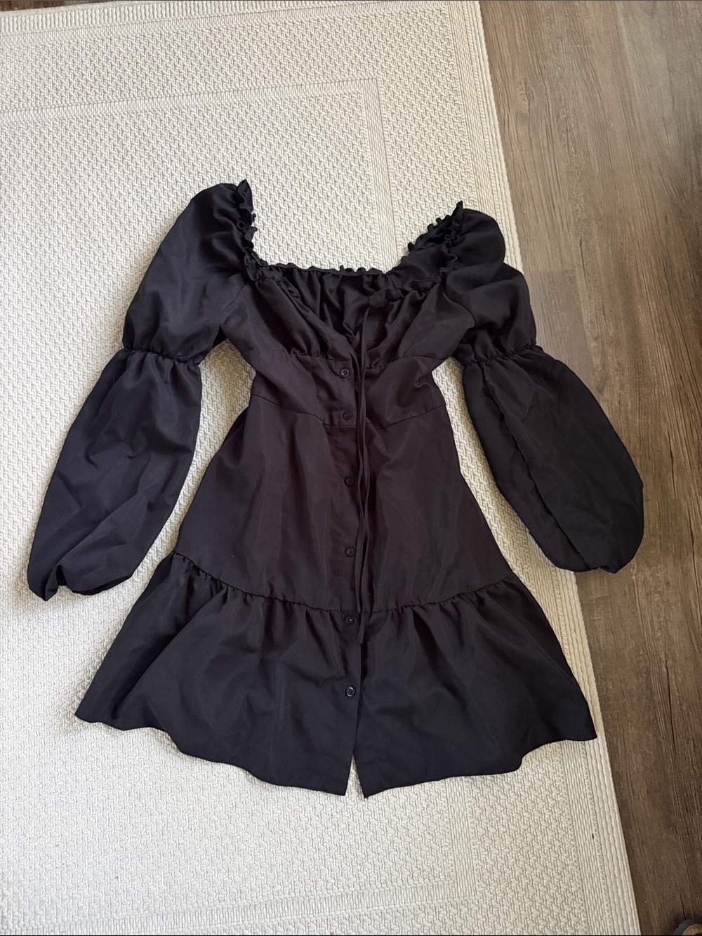 Black Puff Sleeve Button-Front Mini Dress